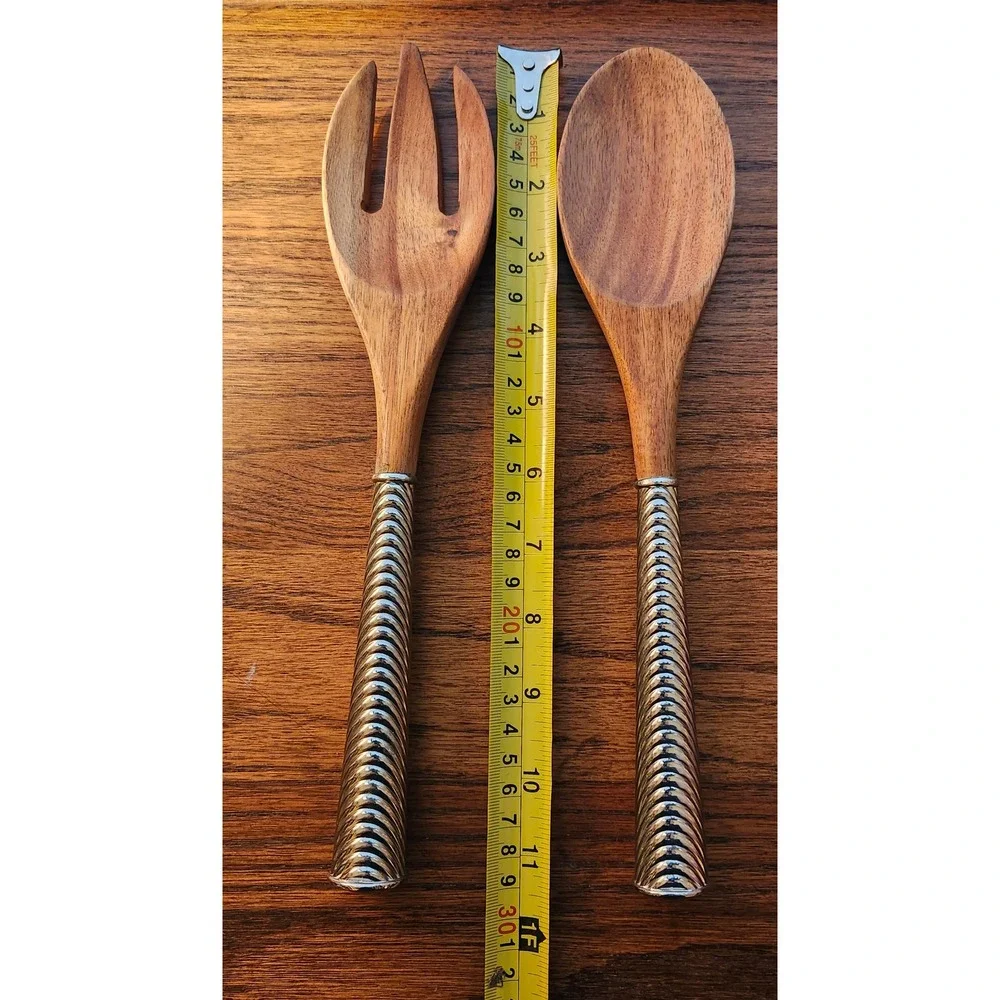 Reed & Barton Wood and Silver Tone Metal Ribbed Handle Salad Servers Set of 2